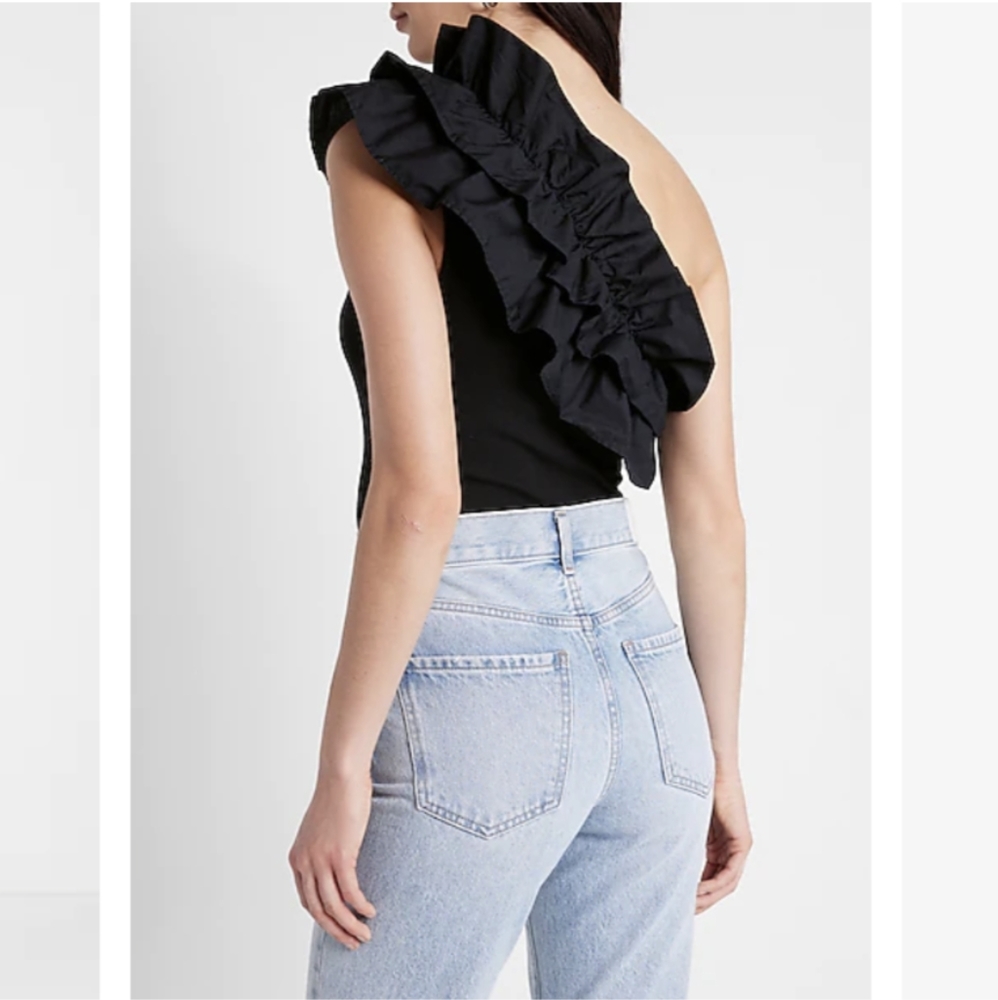 Women's black bodysuit one shoulder ruffle